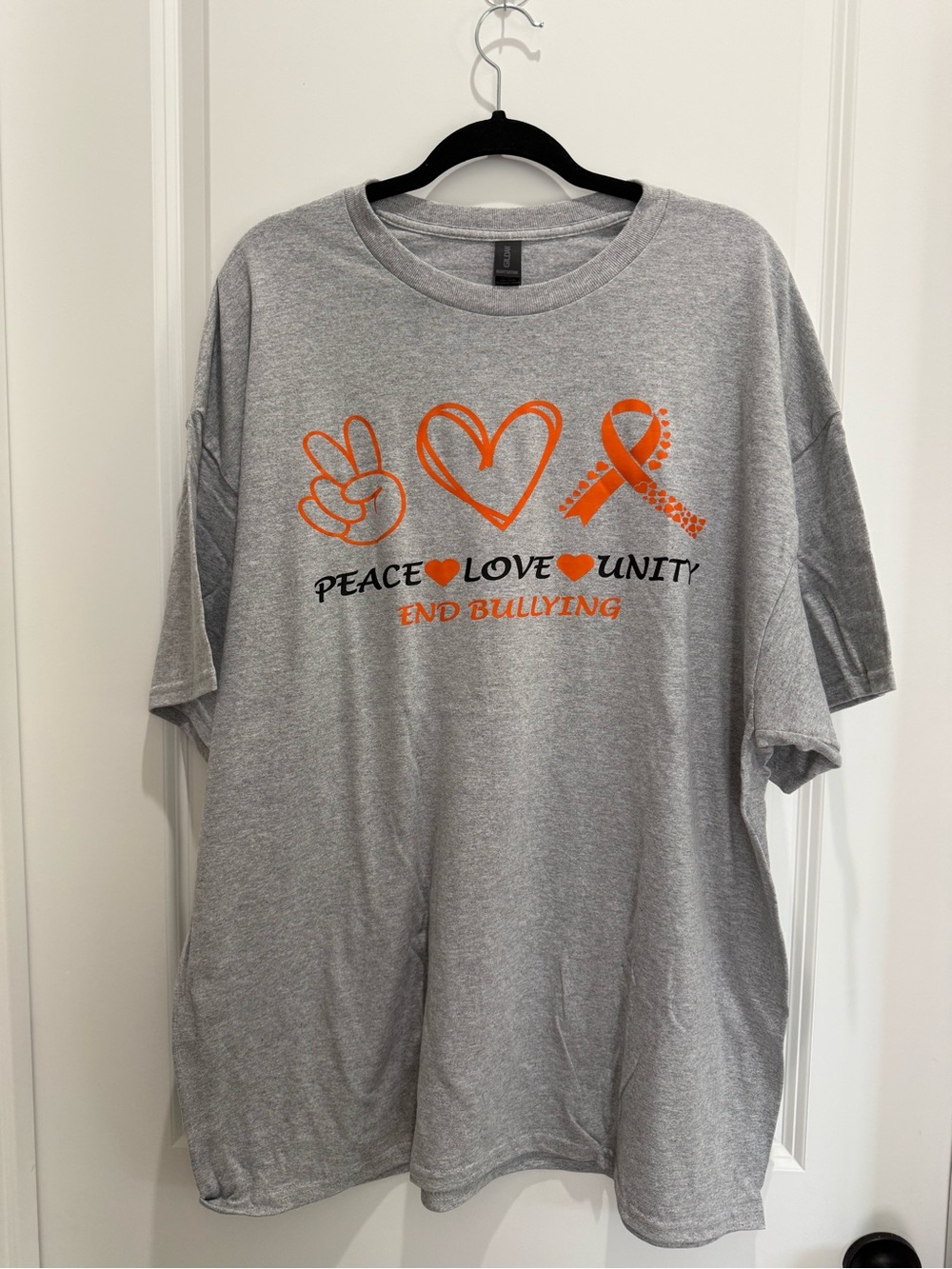 Gildan Gray Tee with Orange Peace Love Unity Design